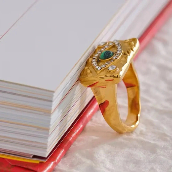 Baroque Malachite 18K Gold Stainless Steel Waterproof Eye Ring - Picture 7 of 16